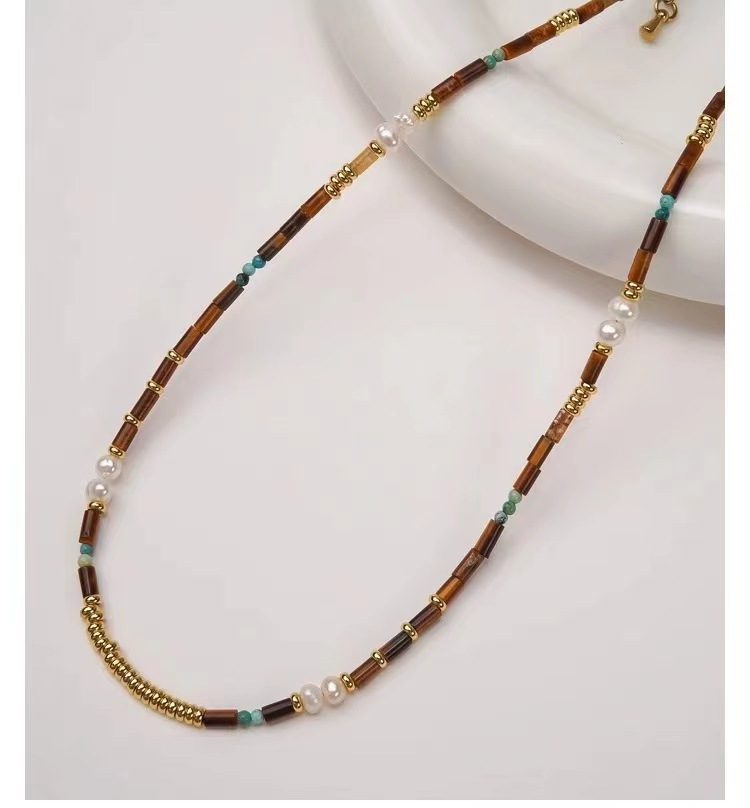 Tiger Eye Pearl Necklace Set Women's New  Baroque Style Natural Stone Irregular Shape Chinese Traditional Jewelry Accessories