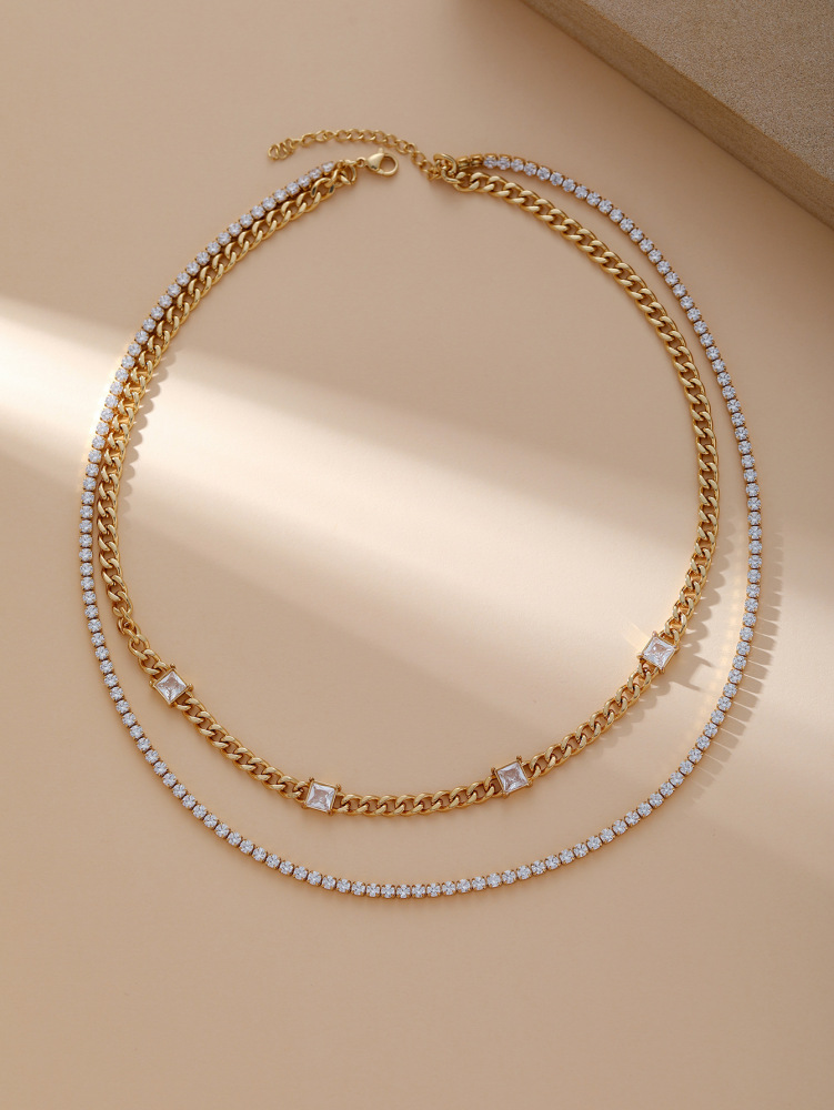 Double Layer Necklace Elegant Cuban Chain Zircon Necklace Versatile Fashionable Women's Party Commuting Accessories