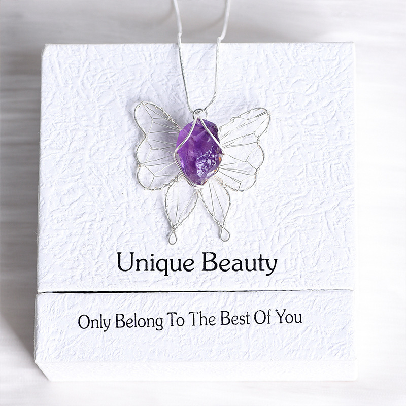 Natural Crystal Raw Stone Butterfly Pendant Necklace Wire Wrapped European And American Pink White Purple Fluorite High-grade Crystal Butterfly Necklace Accessories