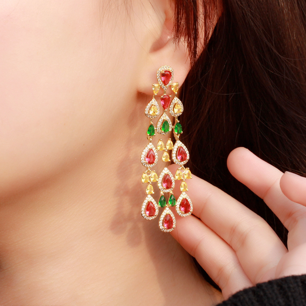 1 Pair Copper Style Earrings S925 Silver Needle Micro Inlaid Cubic Zirconia Stone Earrings Colorful Long Tassel Earrings  Fashion Show Banquet Dress Accessories Suitable For Women To Wear On Dates Or Banquets