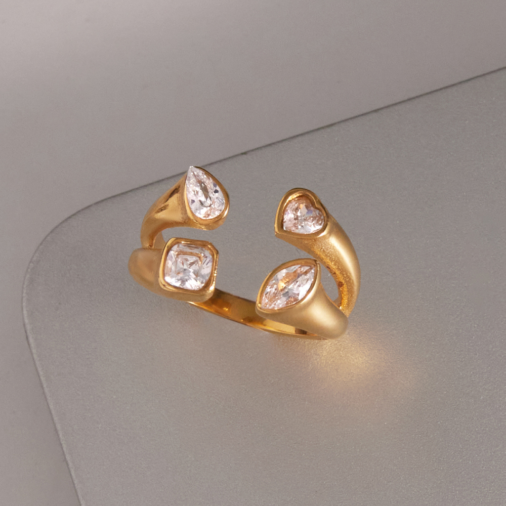 Women's Classic Style 18K Gold Stainless Steel + Zircon White Heart Water Drop Round Marquise Zircon Asymmetric Double Layer Open Ring Size 7