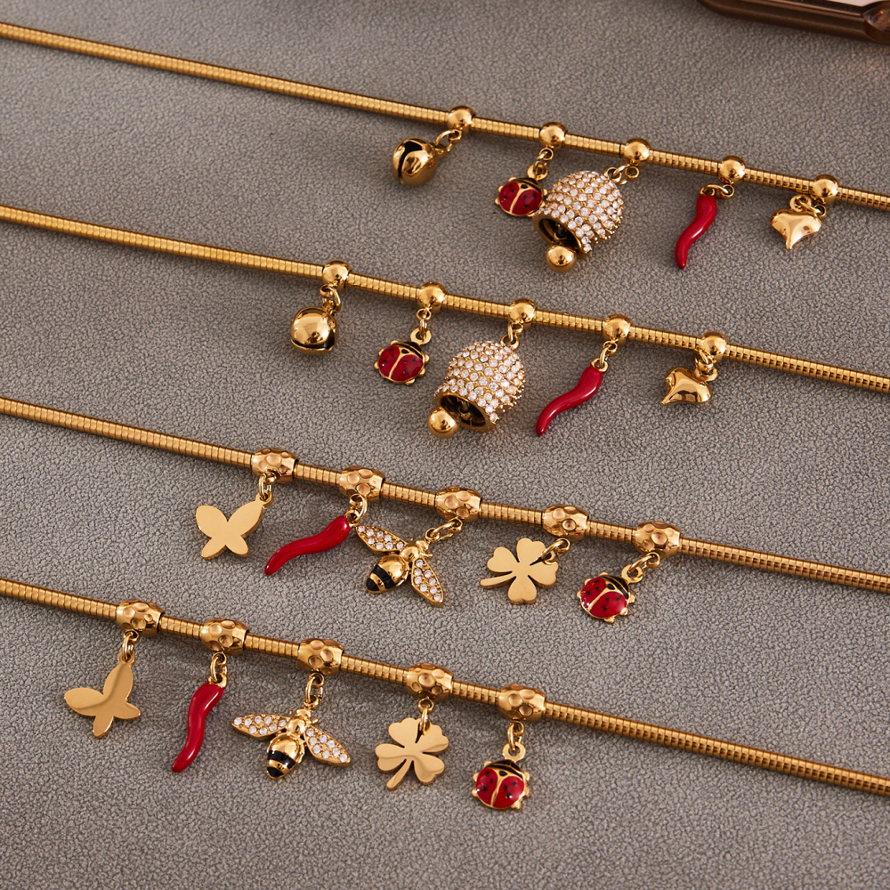 Stainless Steel DIY Bell Bee Zircon Small Pepper Heart Multi-Accessories Necklace 18K Gold Plated Fashion Versatile Luxury Jewelry Set