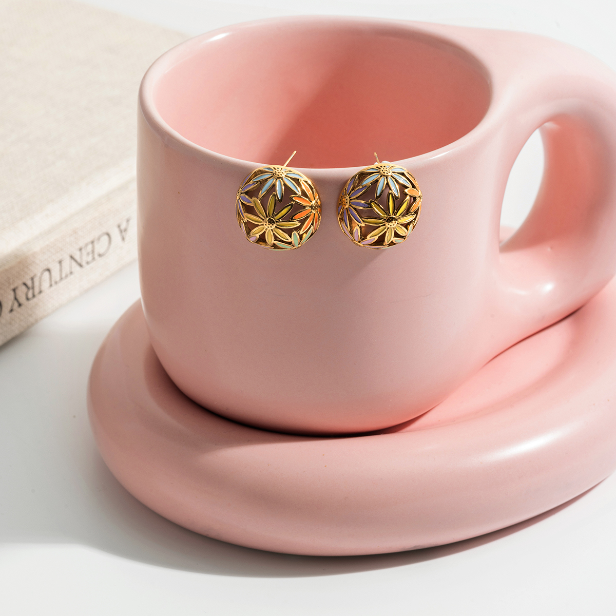 Women's Style - Sweet Style / 18K Gold Stainless Steel + Oil Drop / Colorful Oil Drop Hollow Ball Flower Earrings Pair