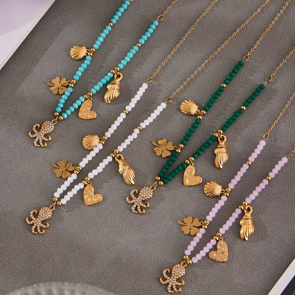 Stainless Steel Multi-Color Beads Necklace DIY Octopus Zircon Shell Heart Pendant Clavicle Chain Luxury Jewelry Accessories