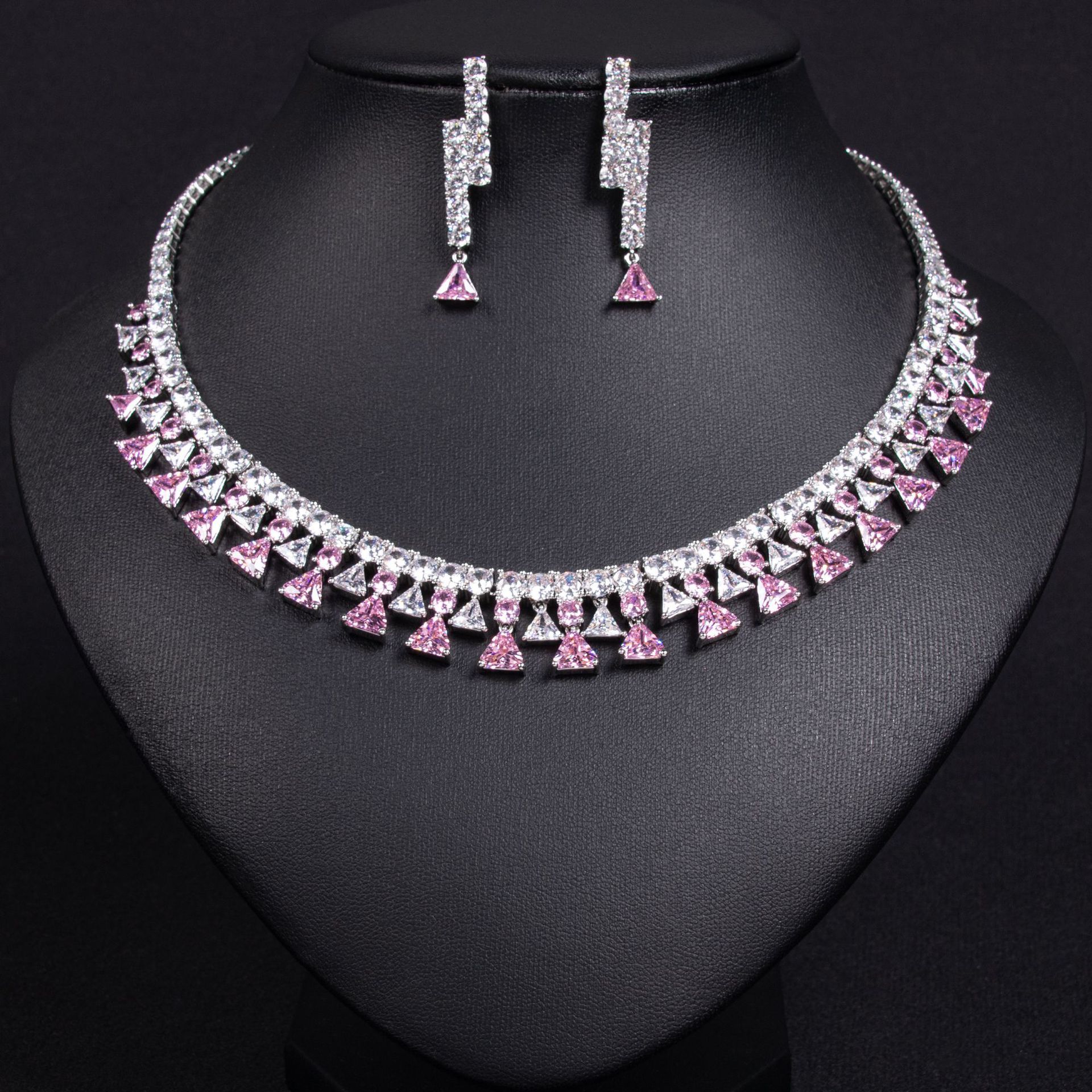 Elegant Women's Geometric Triangle Zircon Jewelry Set Sparkling Earrings Necklace Fashionable Minimalist Copper Alloy