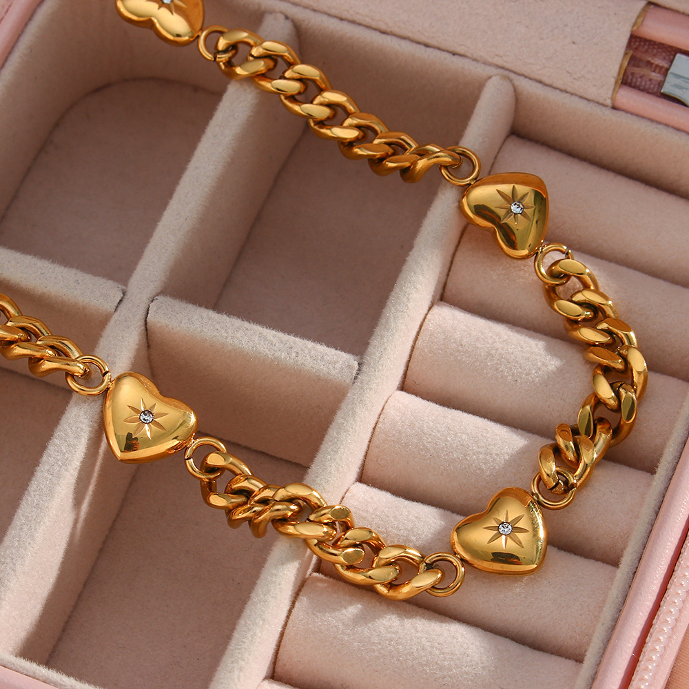 Wholesale Jewelry Fashion Heart Shape 304 Stainless Steel Zircon 18K Gold Plated PVD Coated Plating Necklace