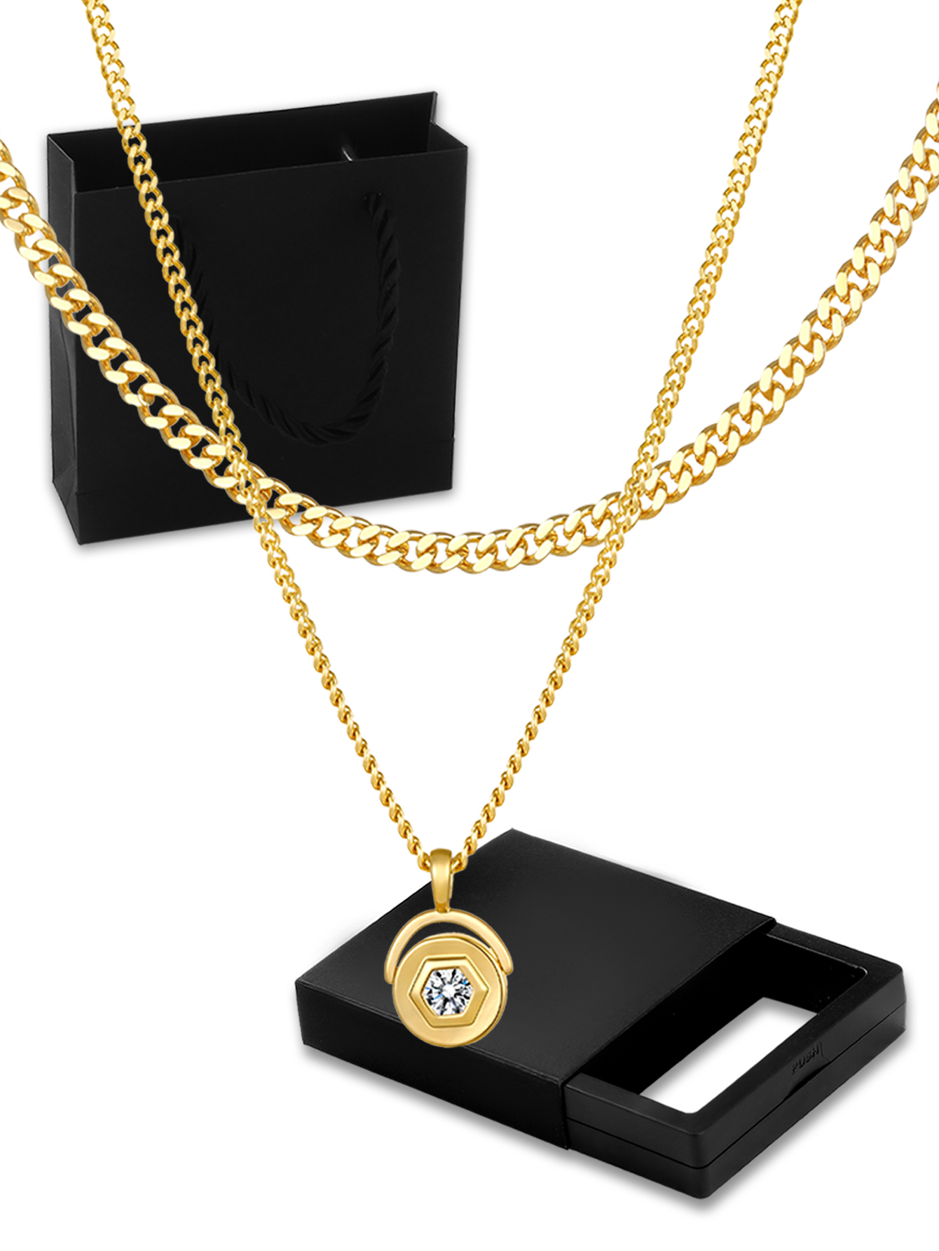 18K Gold Plated Personalized Grid Paperclip Box Multi-layer Necklace With Copper Inlaid Shiny Cubic Zirconia Pendant Set Necklace/Fashion Jewelry Gift Box Accessories/Suitable For Girlfriend Gifts And Daily Wear