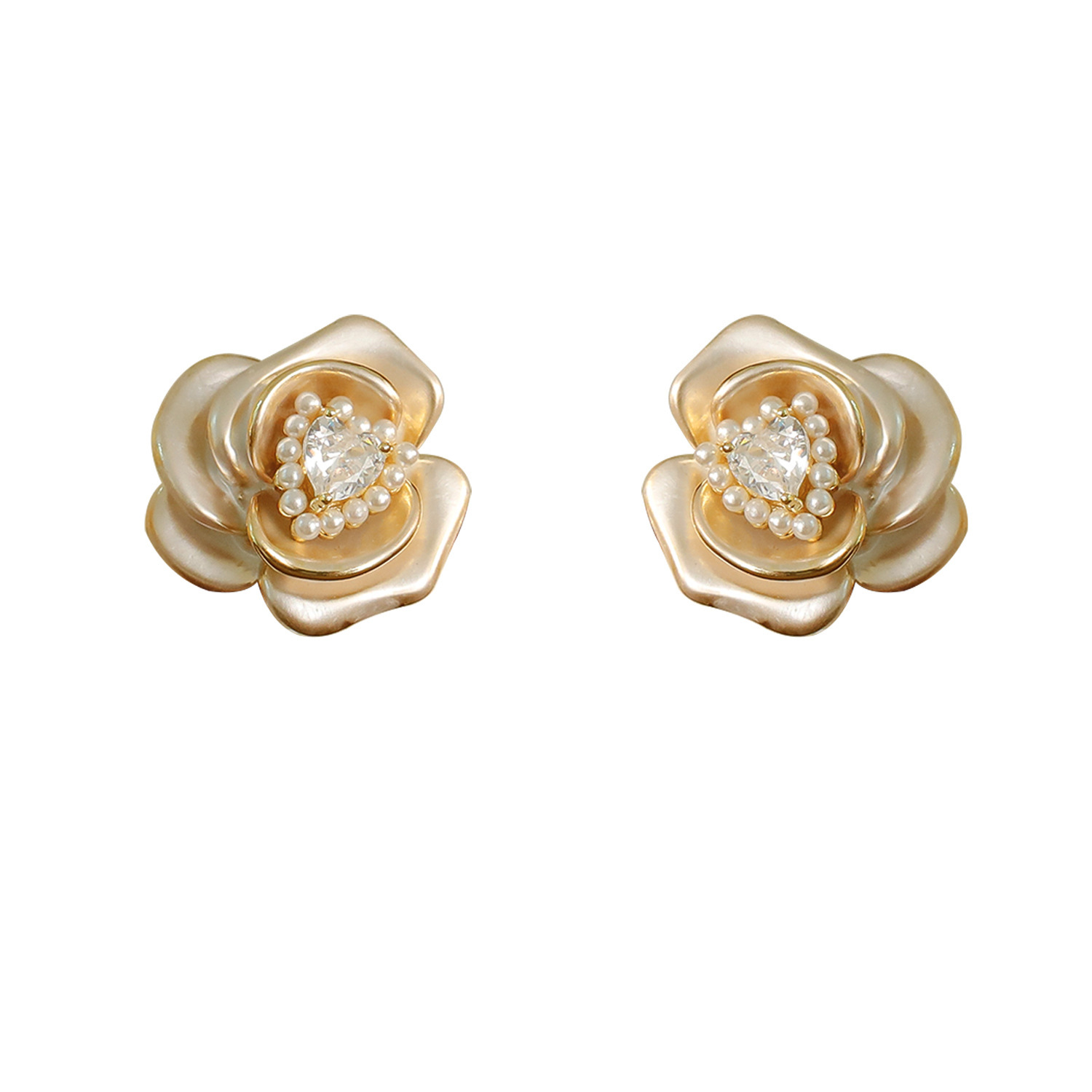 3D Enamel Metal Tea Rose Earrings Multi-layer Petal Pearl Flower Core Bohemian Print Heart Shaped Copper Jewelry Accessories