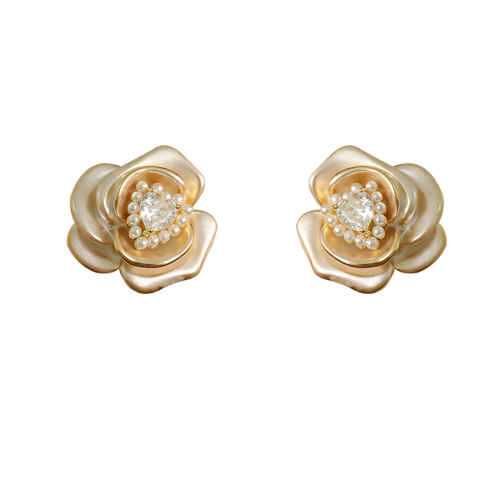 3D Enamel Metal Tea Rose Earrings Multi-layer Petal Pearl Flower Core Bohemian Print Heart Shaped Copper Jewelry Accessories