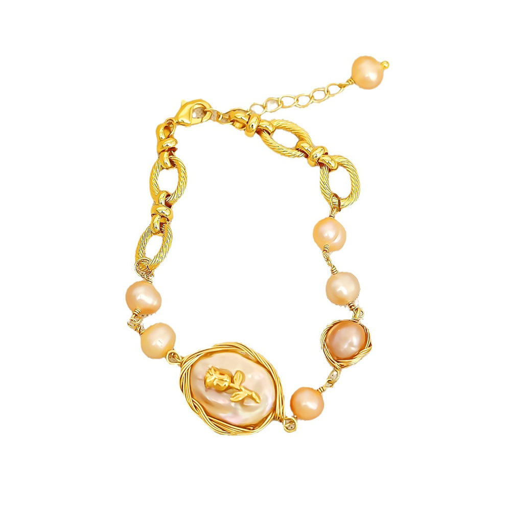Natural Freshwater Pearl Bracelet For Women Irregular Baroque Design Luxury Vintage Rose Flower Jewelry Accessories