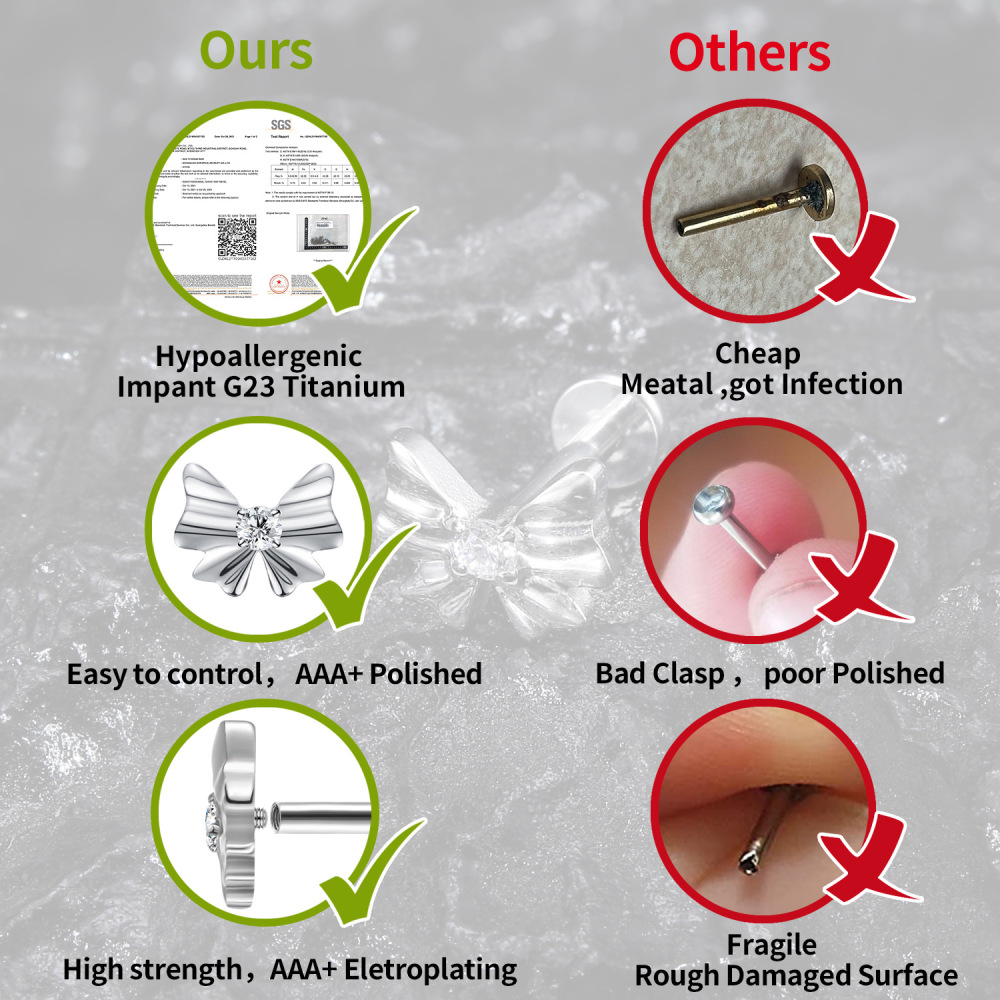 G23 Titanium Material Zircon Threaded Flat Back Earrings Ear Bone Stud Nose Stud Polished Piercing Jewelry Ear Accessories