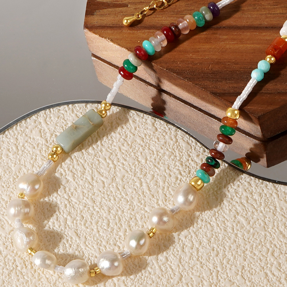 Multi-color Natural Stone Stitching Freshwater Pearl Necklace Ladies Lightweight Accessories Casual