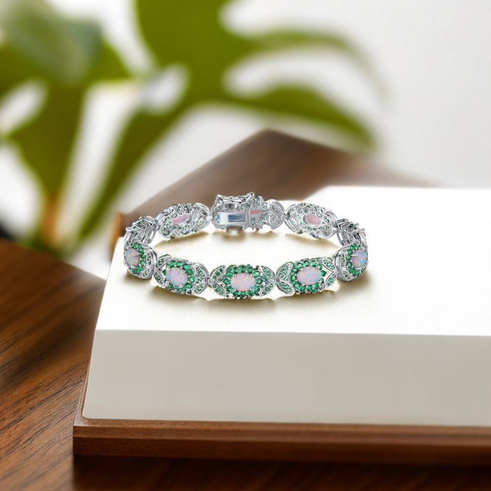 Fashionable Oval Shaped Opal Bracelet Elegant Geometric Pattern Copper Jewelry Colorful Gemstone Accessories For Women