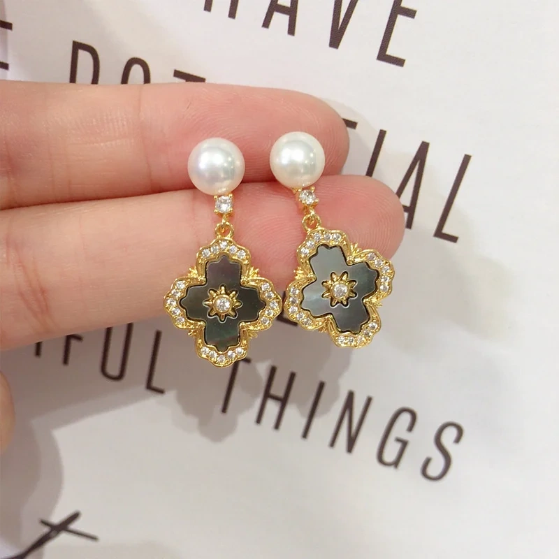 Natural Fresh Water Pearl Earrings Women's French Royal Style Cross Pearl Stud Earrings Natural Sea Shell Fritillary Inlaid