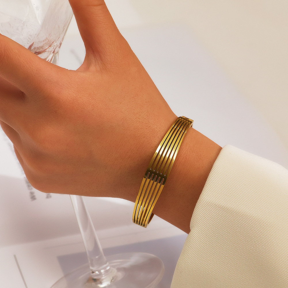 Gold Gold-plated Stainless Steel Titanium Alloy Hollow Geometric Multi-layer Laser Engraved Women's Bracelet Simple Design