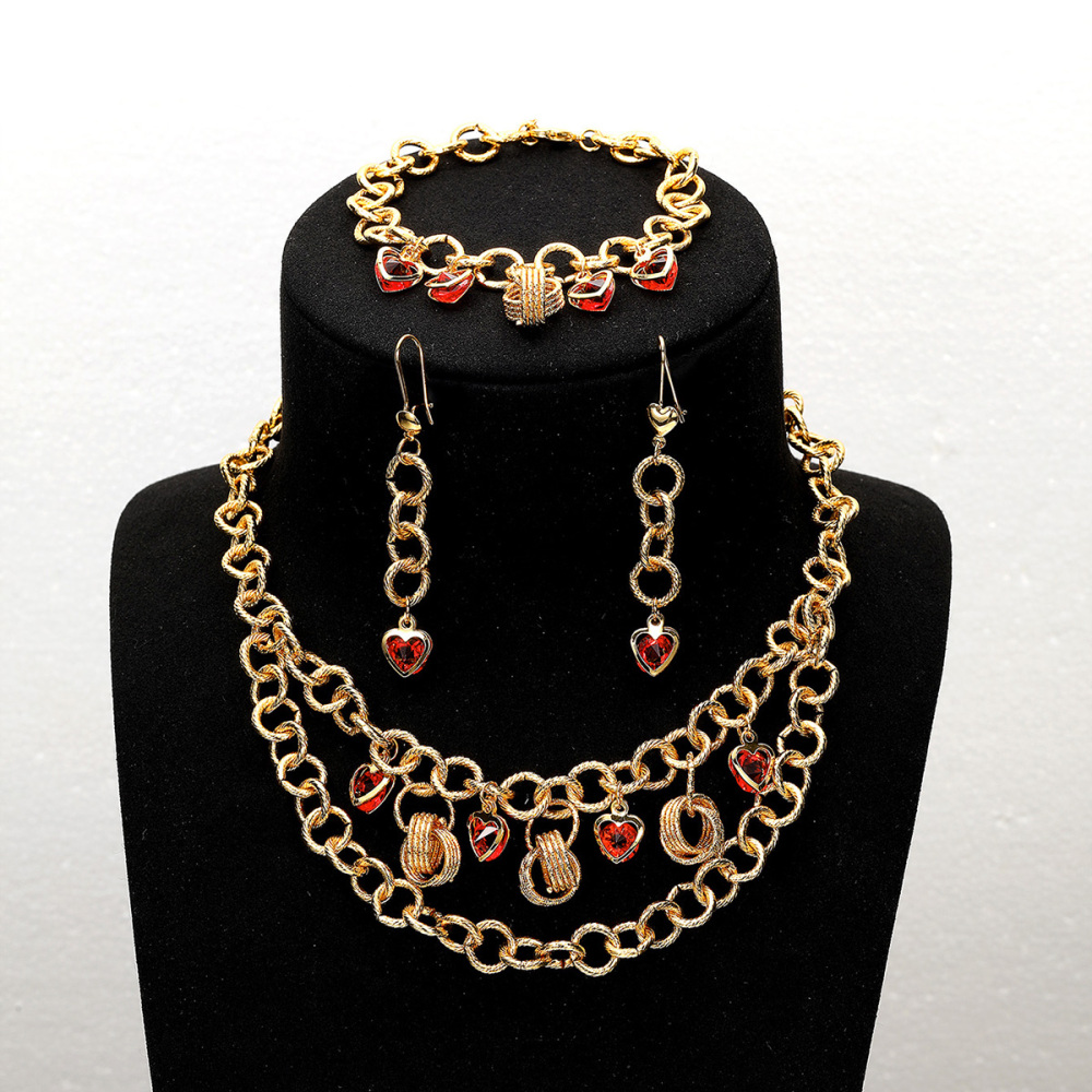3-piece Set Copper Material Vintage Elegant Exquisite Red Women's Earrings Bracelet Pendant Wedding Banquet Jewelry Accessories