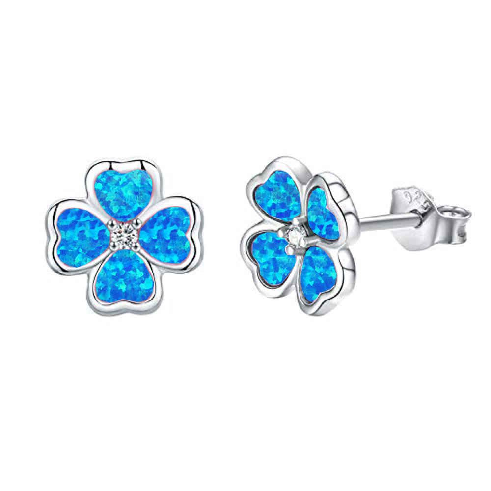 Blue Australian Opal Four Leaf Clover Flower Earrings Bohemian Style Simple Design For Women Copper Material Jewelry Accessories