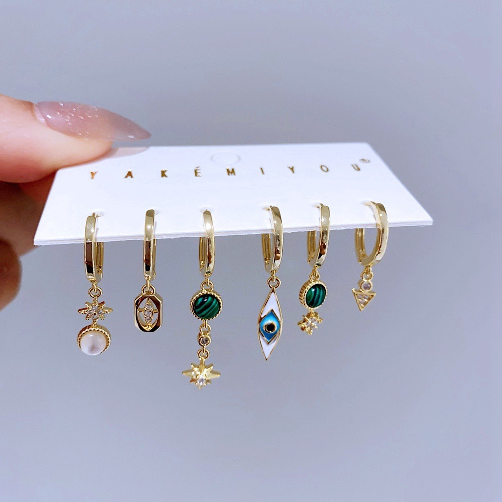 Turquoise Star Ear Clip Set Rose Gold Plated Copper Earrings Grid Women's Jewelry Accessories Six-Piece Set