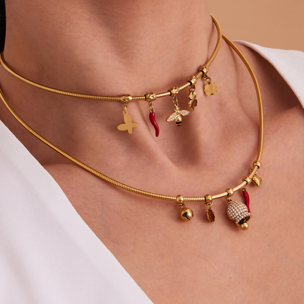 Stainless Steel DIY Bell Bee Zircon Small Pepper Heart Multi-Accessories Necklace 18K Gold Plated Fashion Versatile Luxury Jewelry Set