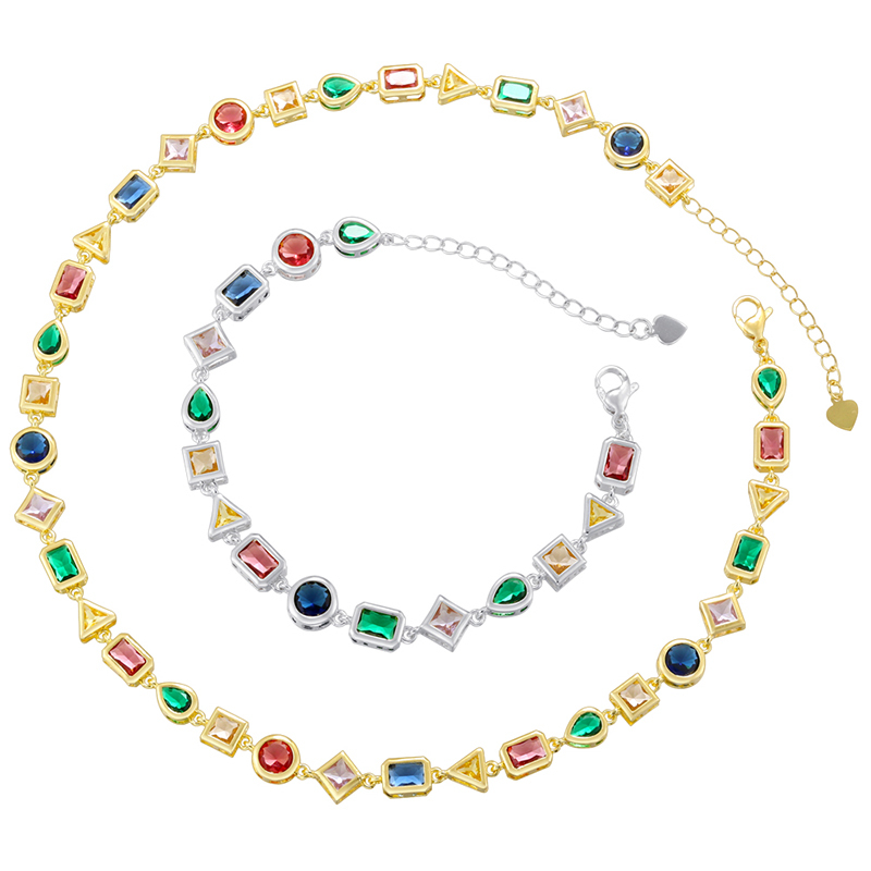 Luxury Personalized Geometric Color Diamond Inlaid Copper Bracelet Necklace Set Elegant Triangular Circular Square Waterdrop Shaped Jewelry Accessories For Women