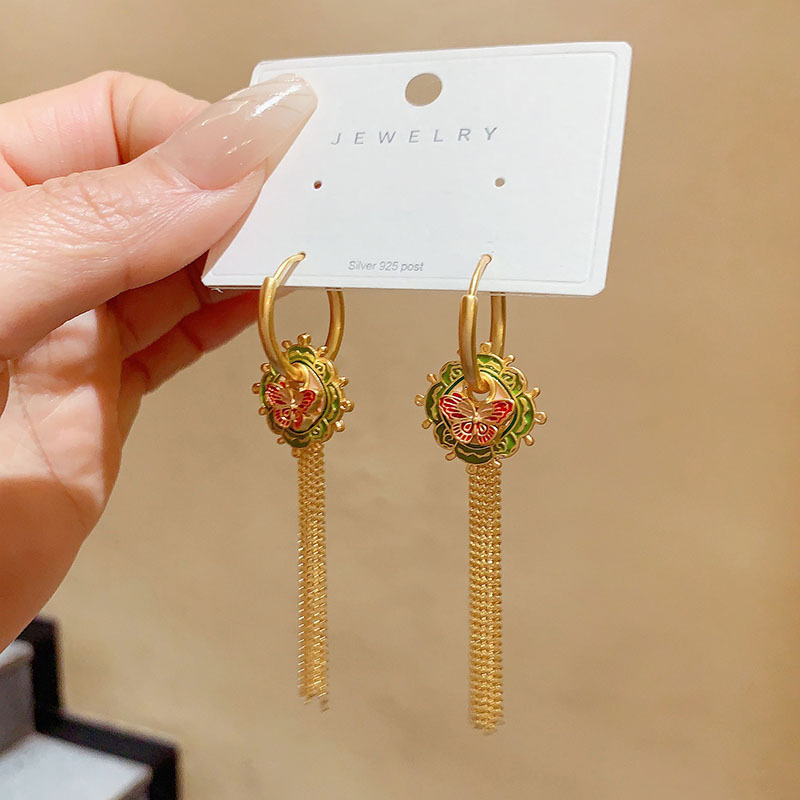 New Chinese Style National Trend Drip Glaze Long Tassel Women's Multi-Wear Drop Earrings Fashionable Versatile Copper Plated Geometric Pattern