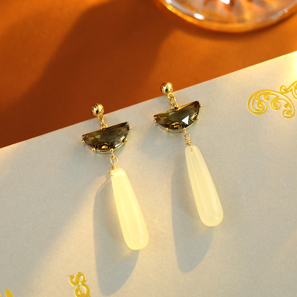 New Chinese Style Long Fan Shaped Agate Earrings Women's Fashion Autumn Winter Geometric Pattern Copper Jewelry Accessories