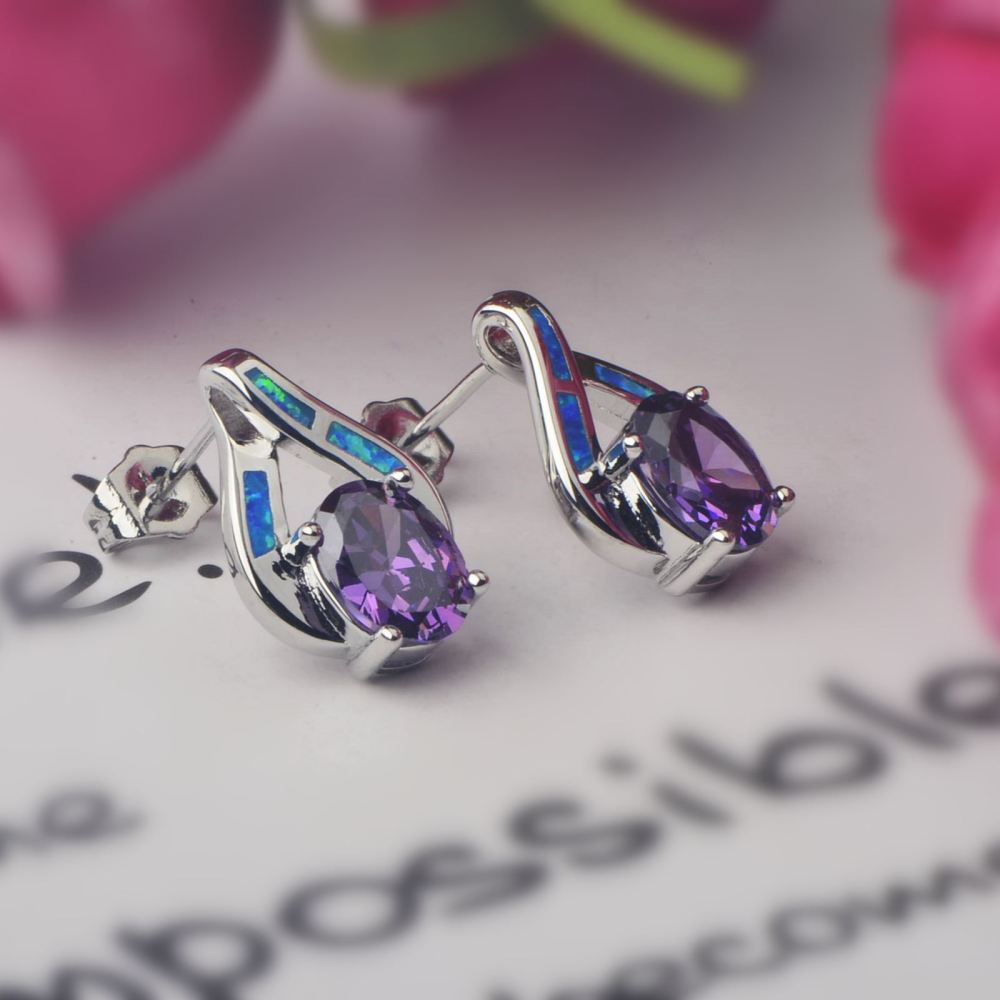 Hawaii Style Blue Opal Heart Shaped Earrings Fashionable TikTok Trend Unisex Copper Geometric Pattern Jewelry Accessories