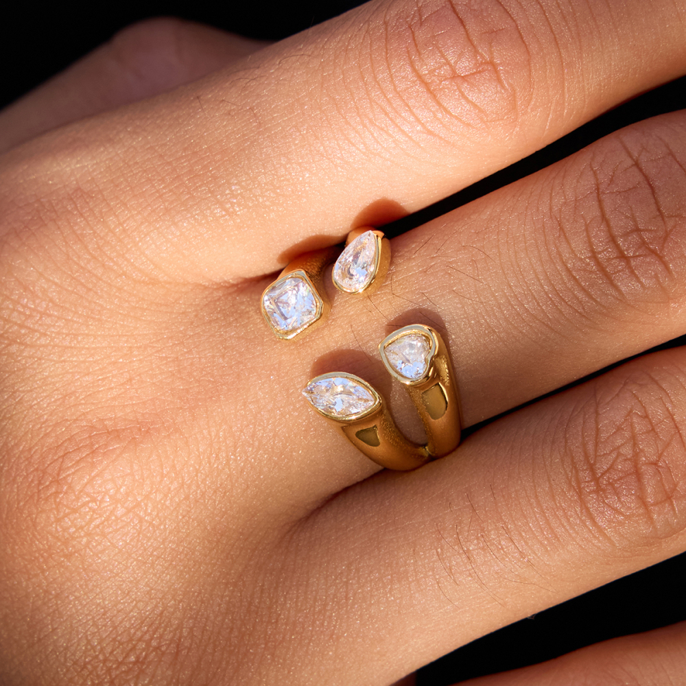 Women's Classic Style 18K Gold Stainless Steel + Zircon White Heart Water Drop Round Marquise Zircon Asymmetric Double Layer Open Ring Size 7