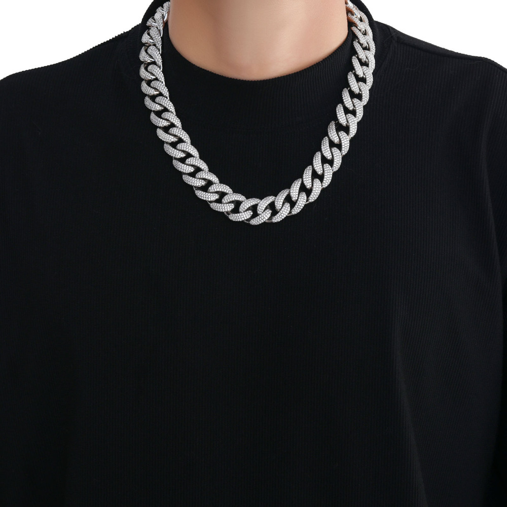 Qiji Men's Hip Hop Necklace 18mm Three Rows Cubic Zirconia Cuban Link Personalized Micro-Set Zirconia Men's Necklace