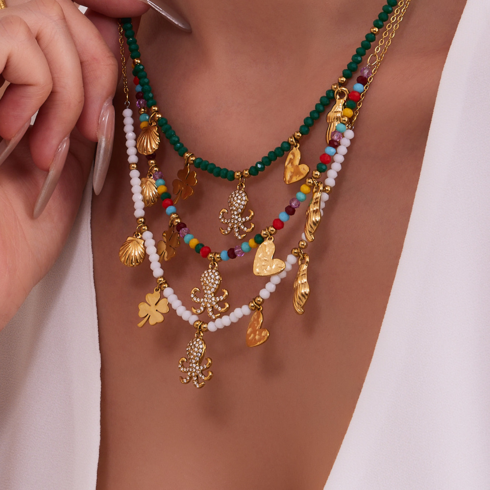 Stainless Steel Multi-Color Beads Necklace DIY Octopus Zircon Shell Heart Pendant Clavicle Chain Luxury Jewelry Accessories