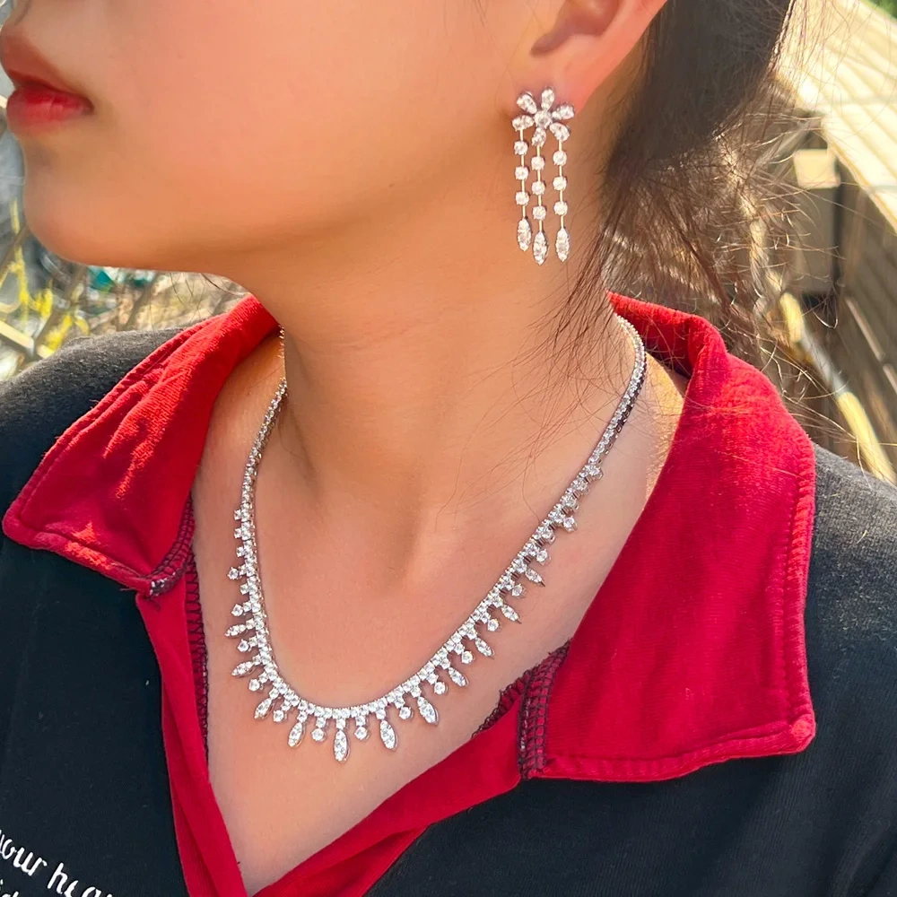 Water Drop Flower Shape White Plated Gold Copper Zircon (Jewelry) Waterproof Non-Fading Safety Buckle Tennis Chain (Full Diamond Chain) Necklace Earring Set Women Two-Piece Set