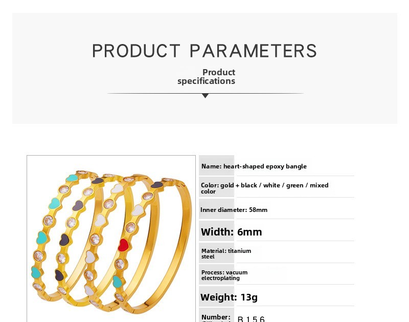 Gold-plated Heart-shaped Bracelet Colorful Epoxy Diamond Titanium Steel Jewelry Accessories
