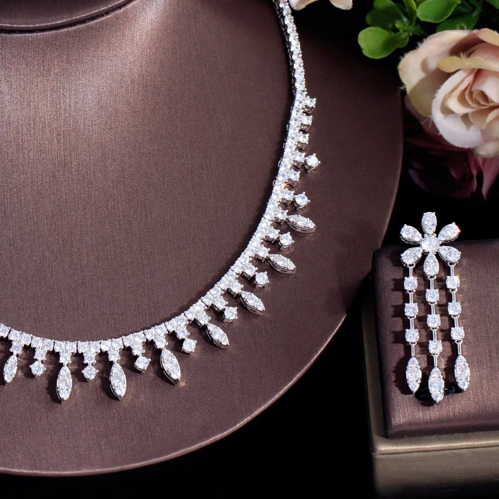 Water Drop Flower Shape White Plated Gold Copper Zircon (Jewelry) Waterproof Non-Fading Safety Buckle Tennis Chain (Full Diamond Chain) Necklace Earring Set Women Two-Piece Set