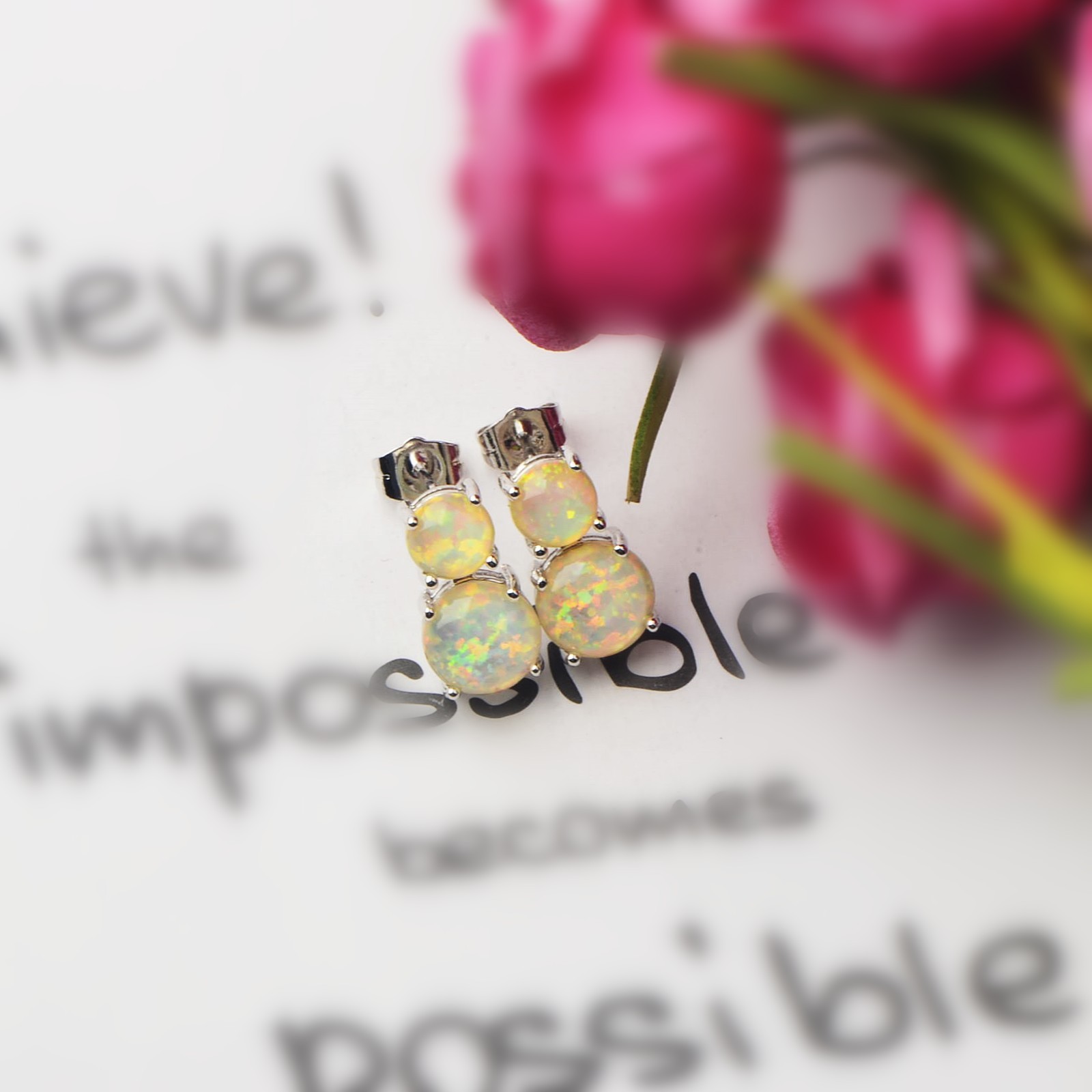 Cute Girl's Blue Opal Round Earrings Bohemian Style Flower Print Copper Jewelry Simple Craftsmanship Elegant Fashion Accessories