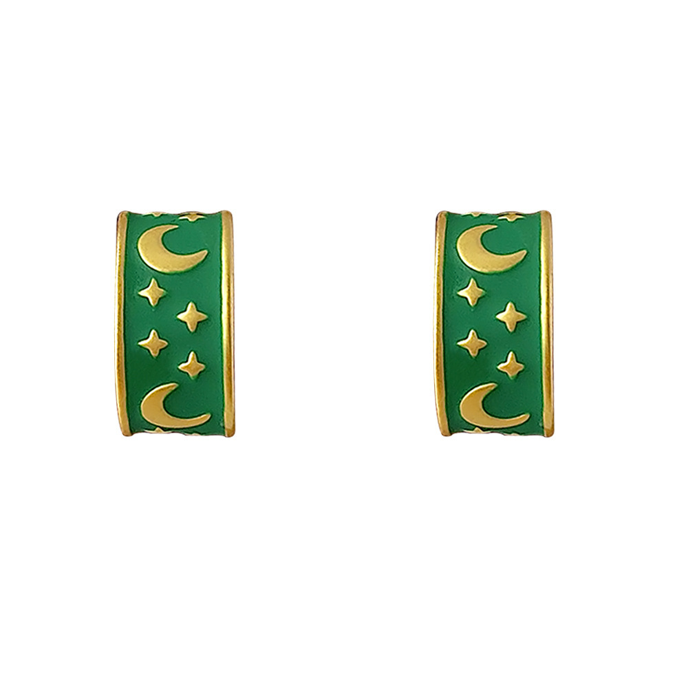 Retro Green Oil Drop C-Shaped Half-Moon Earrings Hong Kong Style Fashionable Elegant Star Moon Dream Series Jewelry Accessories