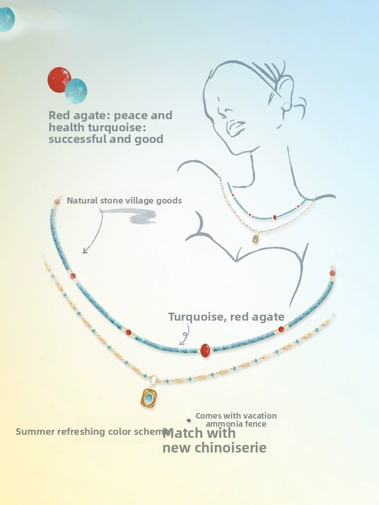 Three-layer Turquoise Bohemian Style Titanium Steel Collarbone Chain Necklace Women's Jewelry Accessories Heart Shape Geometric Pattern Design