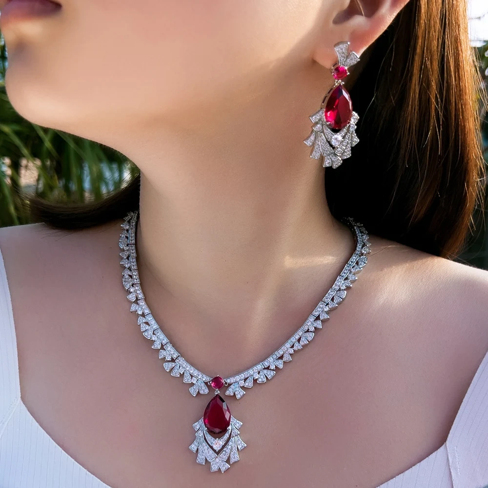 2-Piece Copper Jewelry Set Luxurious Red And White Cubic Zirconia Necklace And Earrings Set For Women Bride Elegant Wedding Banquet Jewelry Set