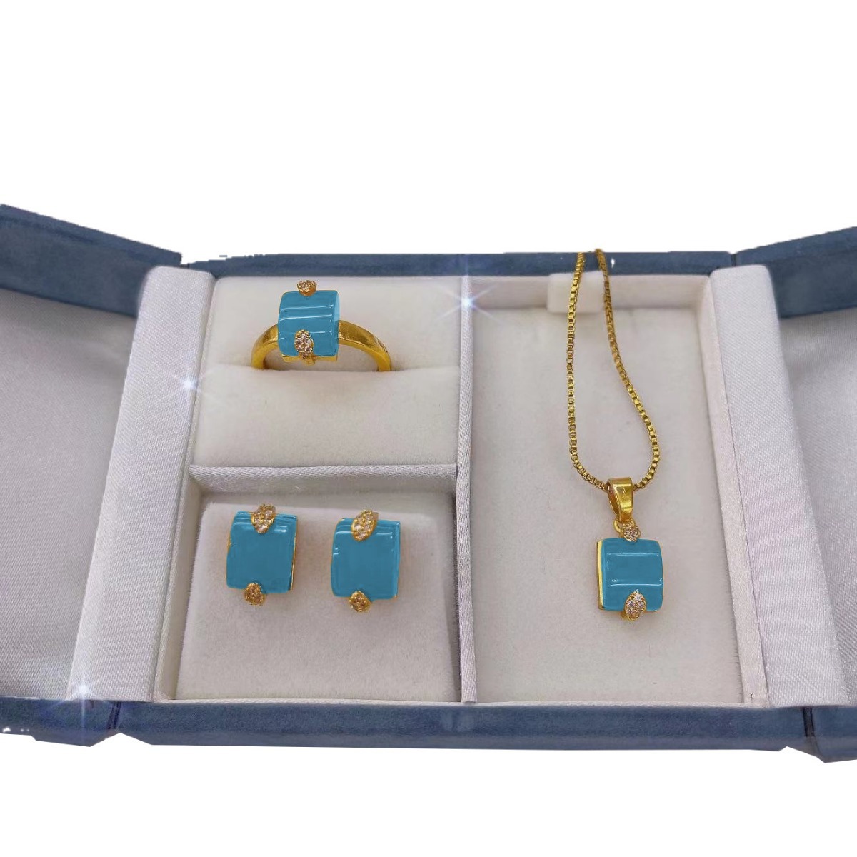 Fashion Ethnic Style Amber Necklace Ring Earring Set Fashion Collarbone Chain Embedded Accessories Pendant Women's Jewelry Set