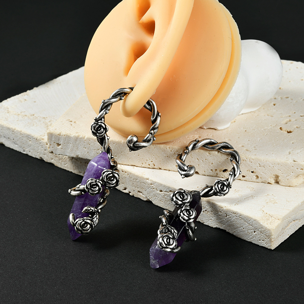 Antique Silver Rose Flower Ear Cuff Winged Dragon Blue Turquoise Dangling Earrings Pierced Copper Ear Jewelry Accessories