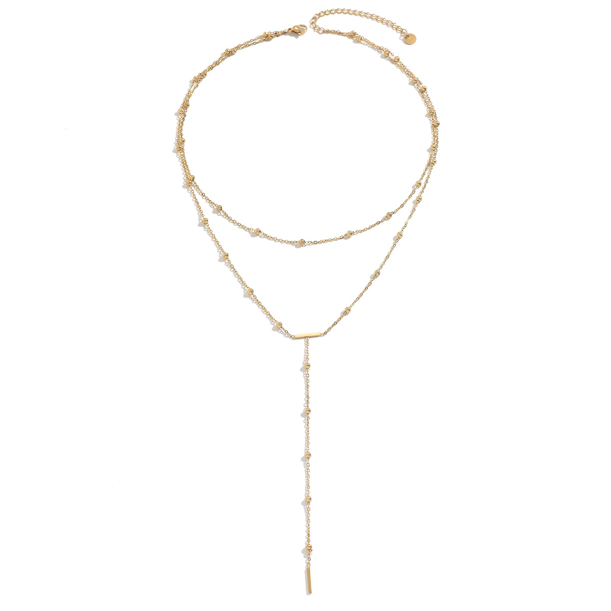 14K Real Gold Plated Vacuum Electroplating (In Furnace) Simple 304 Stainless Steel Y-shaped Small Round Ball Necklace Double Layer Stacked Tassel Round Cable Chain/Cross Chain/O-shaped Chain
