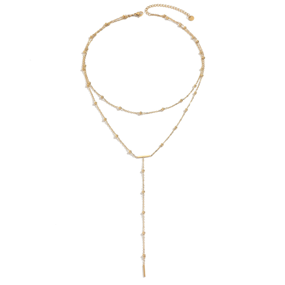 14K Real Gold Plated Vacuum Electroplating (In Furnace) Simple 304 Stainless Steel Y-shaped Small Round Ball Necklace Double Layer Stacked Tassel Round Cable Chain/Cross Chain/O-shaped Chain