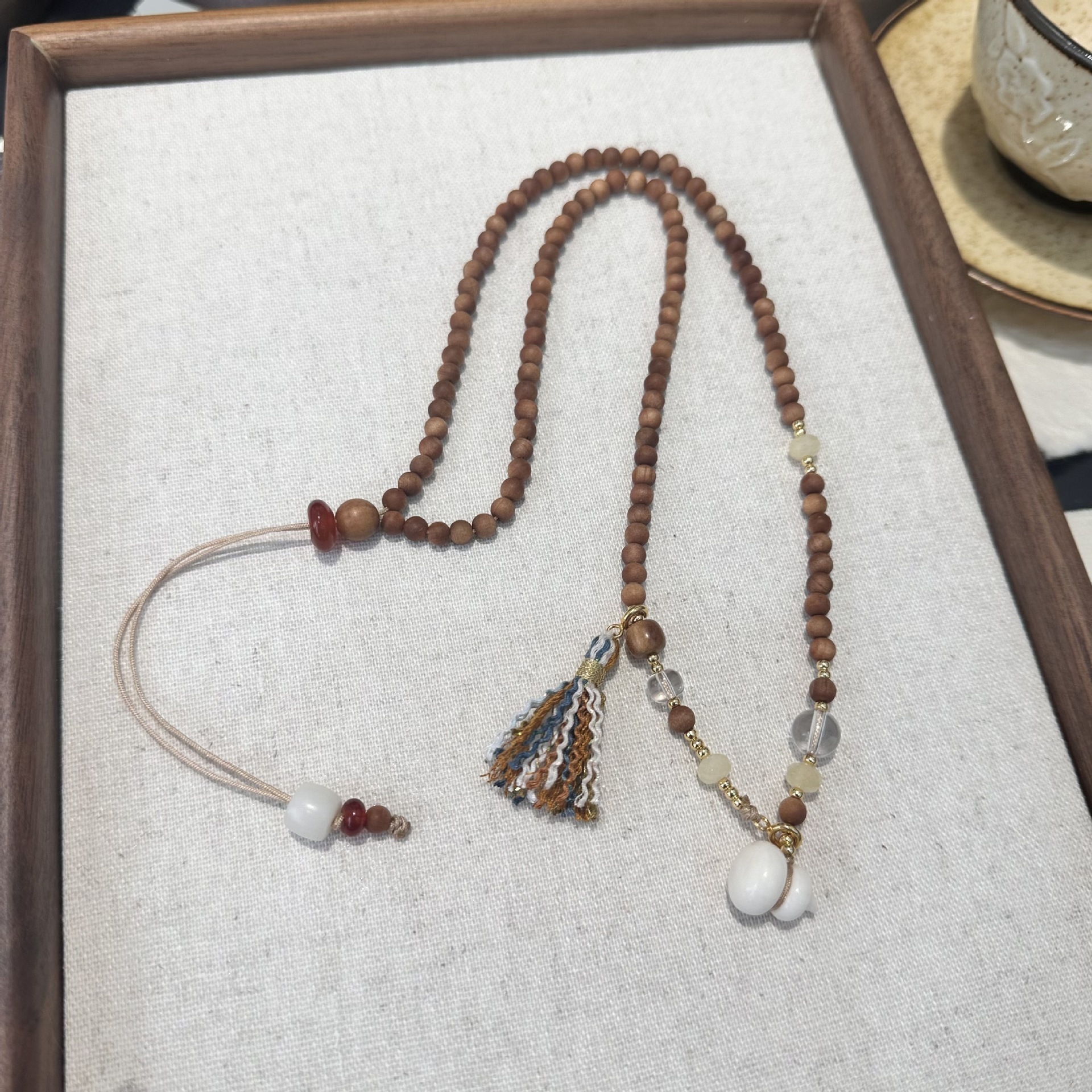 New Chinese Style Long Necklace With White Crystal Camel Bone Ivory Gourd Sandalwood Accessories Drawstring Design For Cheongsam
