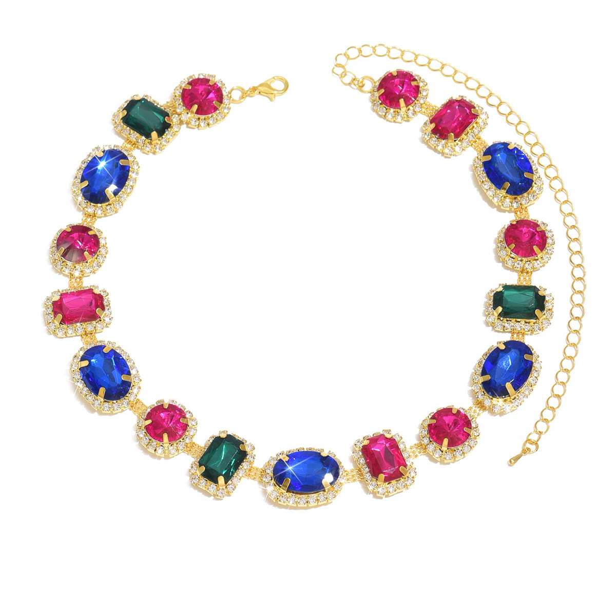 Exaggerated  Luxury Full Drill Geometric Oval Colorful Crystal Necklace And Earring Set Fashionable Collar Chain