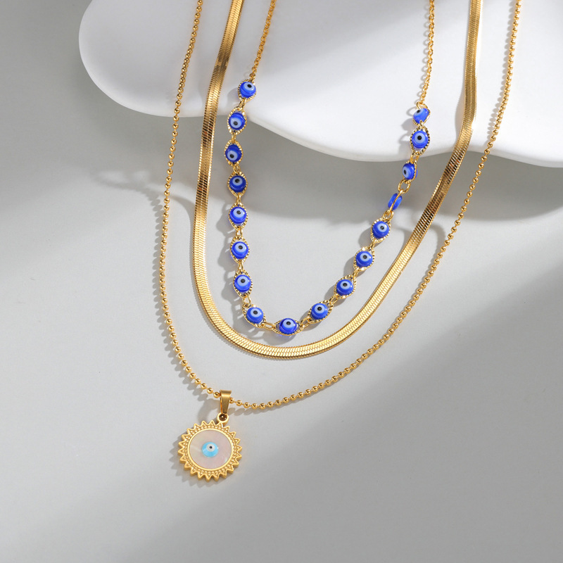 18K Gold Plated Long Necklace Stainless Steel Material Multi-layer Devil's Eye Sweater Chain Jewelry Accessories For Women
