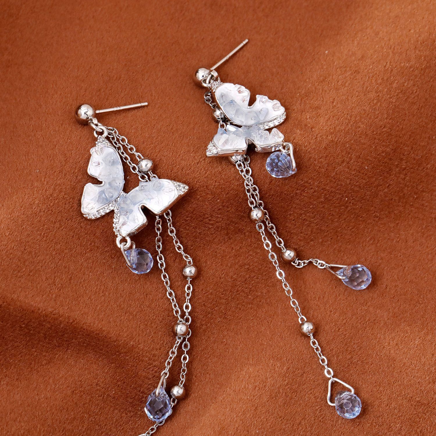 Luxurious Gradient Crystal Butterfly Waterdrop Tassel Earrings Fashion Sweet Personality Round Face Women's Jewelry Accessories