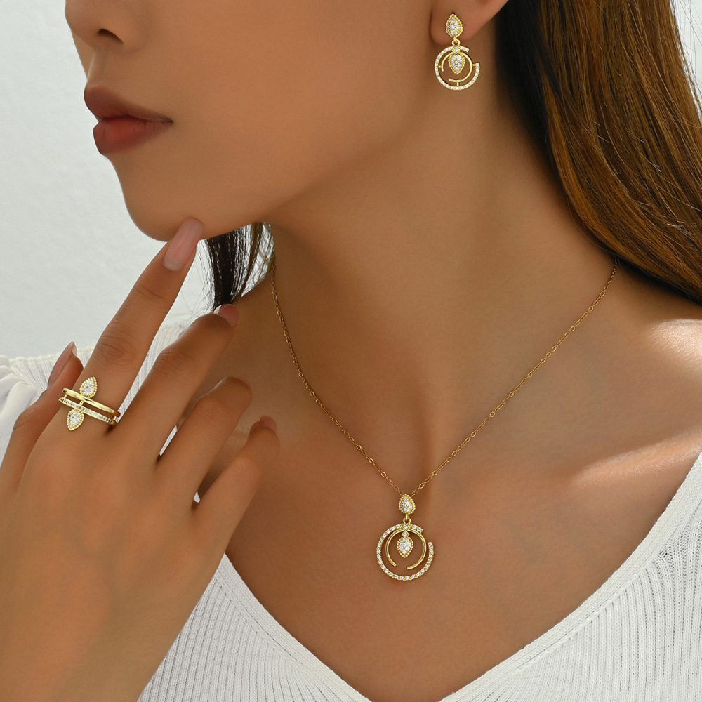 Elegant Circle Layered Necklace Earrings Ring Set Gold Fine Chain Zircon Design Fashion Jewelry Stainless Steel Accessories