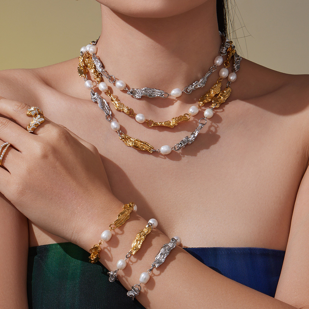 Freshwater Pearl Irregular Heavy Craft Accessories Bracelet Necklace Stainless Steel 18k Gold Plated  Style Exaggerated Jewelry