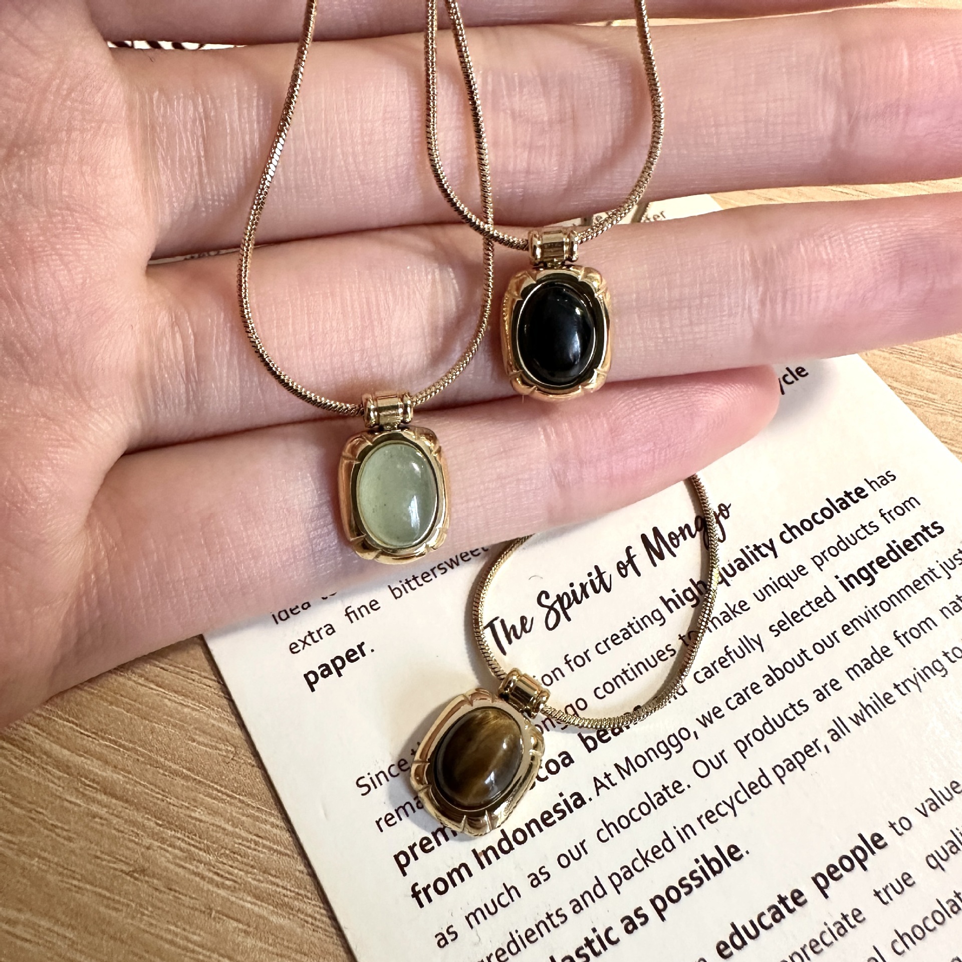 Tiger Eye Stone Black Agate Green Sapphire Pendant Necklace Titanium Steel Plated 18K Gold Geometric Elements Women Choker
