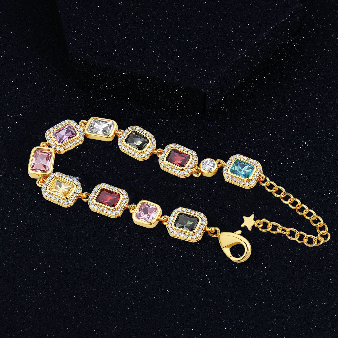 Colorful Gemstone Jewelry Set For Men And Women Hip Hop Style Zircon Necklace And Bracelet Popular Trendy Jewelry Accessories