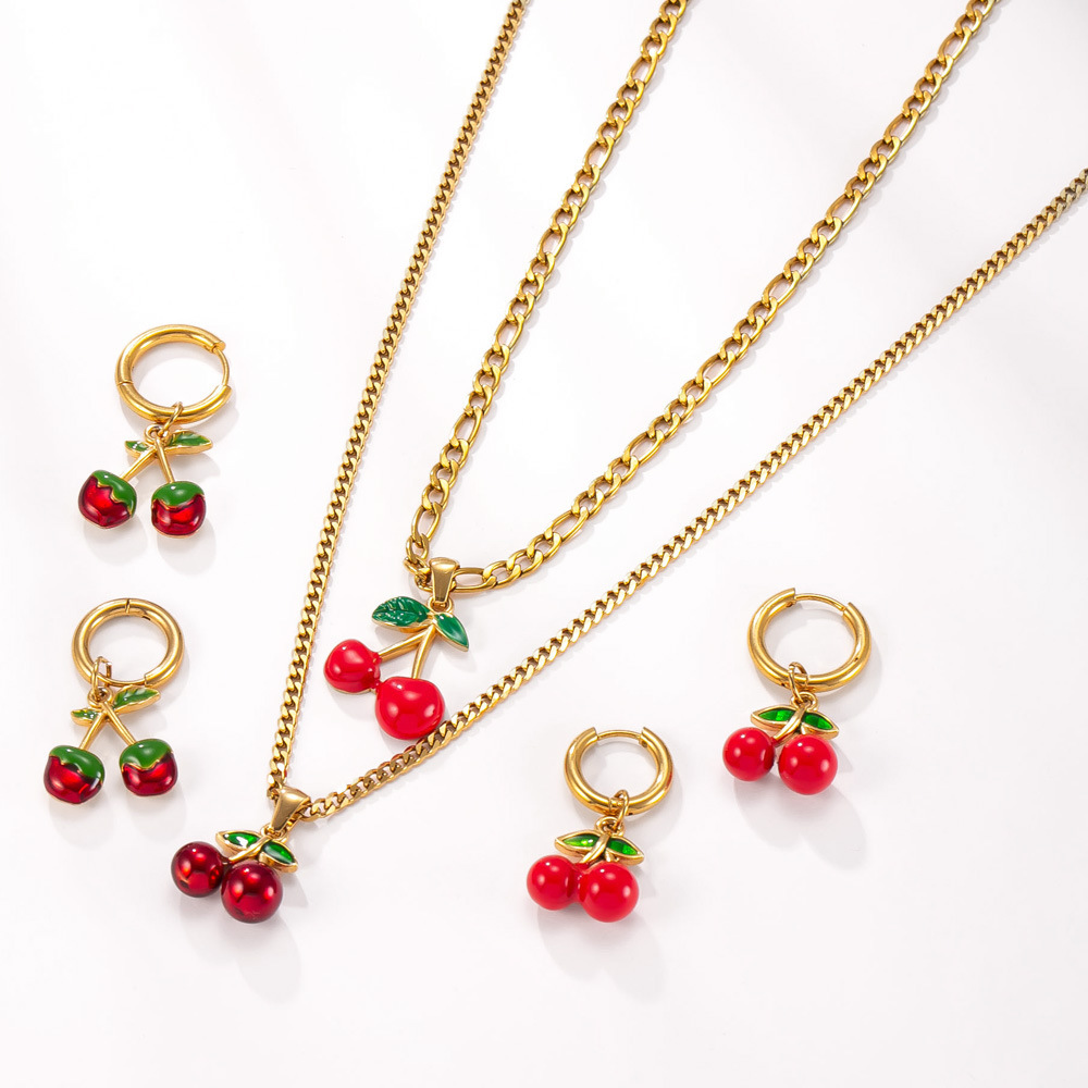 Stainless Steel Necklace And Earrings Set Red Oil Cherry Design 18K Gold Plated Titanium Metal Jewelry Accessories
